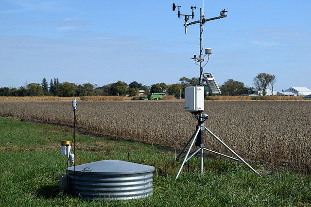 Monitoring well and weather station at Iowa Southeast Research Farm.
