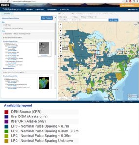 USGS National Map viewer shows availability and resolution of LiDAR point cloud data for the Midwest